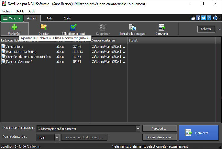 Captures d'écran ajout de fichiers dans Doxillion convertisseur de documents